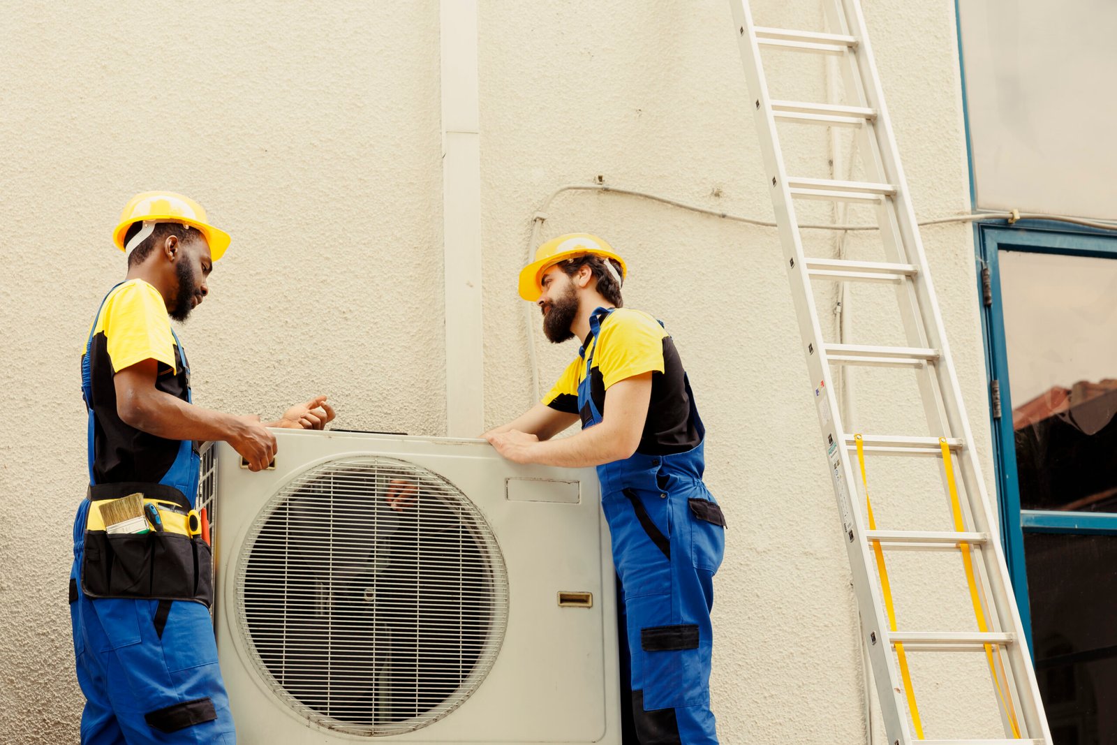 African american mechanic and apprentice repairman taking apart old damaged external hvac system to replace it with new performant air conditioner after draining refrigerant and replacing ductwork